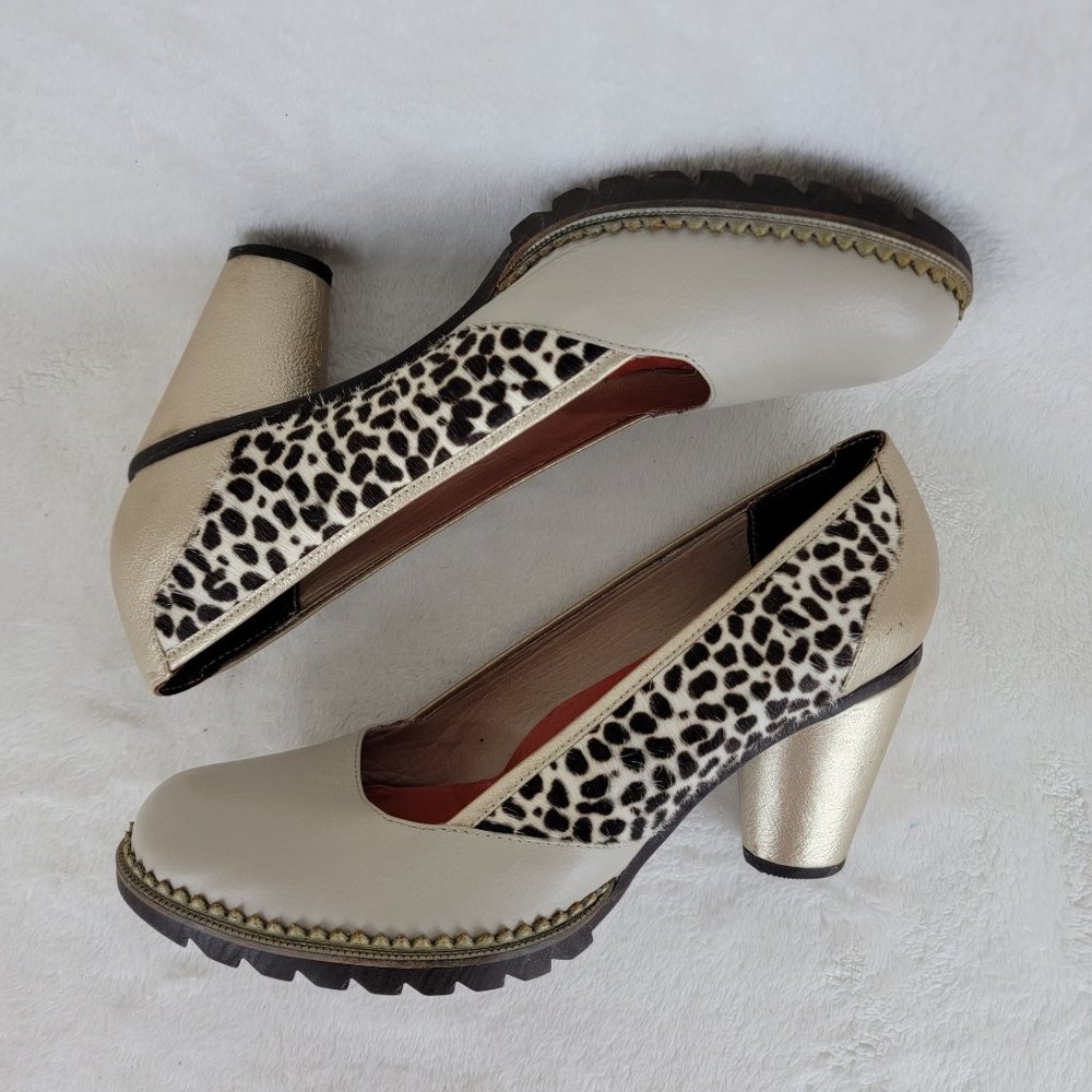CULEKA Hand Made Beige Gold Leppard Calf Hair Leather Slip On Pump Size 8.5 Y2K - Picture 6 of 8